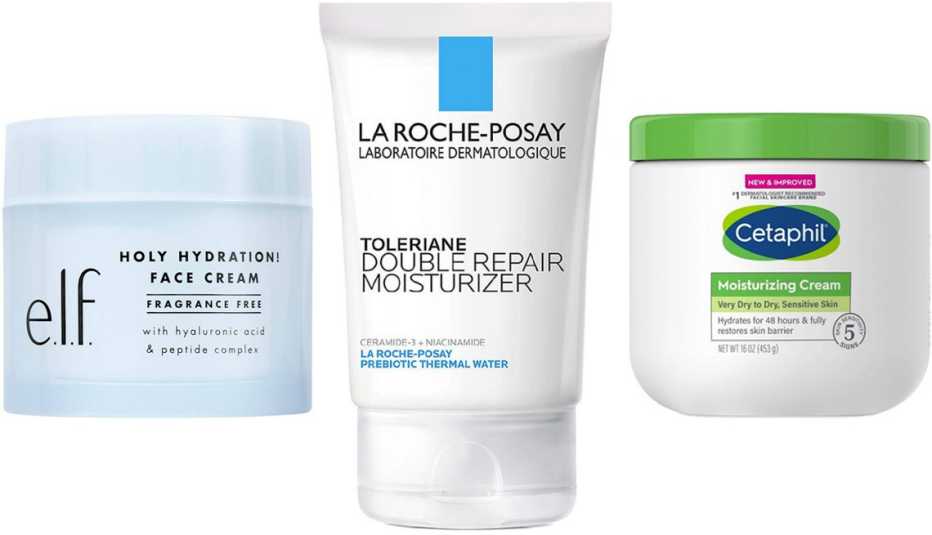 (De izquierda a derecha) Holy Hydration! Face Cream Fragrance Free de e.l.f.; Toleriane Double Repair Face Moisturizer de La Roche-Posay; Moisturizing Cream de Cetaphil.