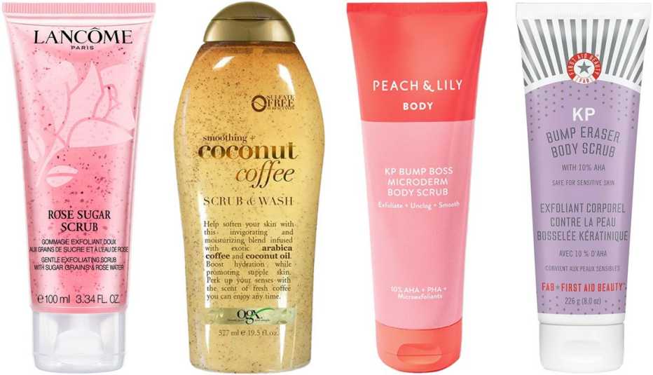 (De izquierda a derecha) Exfoliating Rose Sugar Scrub de Lancôme; Smoothing + Coconut Coffee Exfoliating Body Scrub de OXG; KP Bump Boss Microderm Body Scrub de Peach & Lily; KP Bump Eraser Body Scrub de First Aid Beauty.