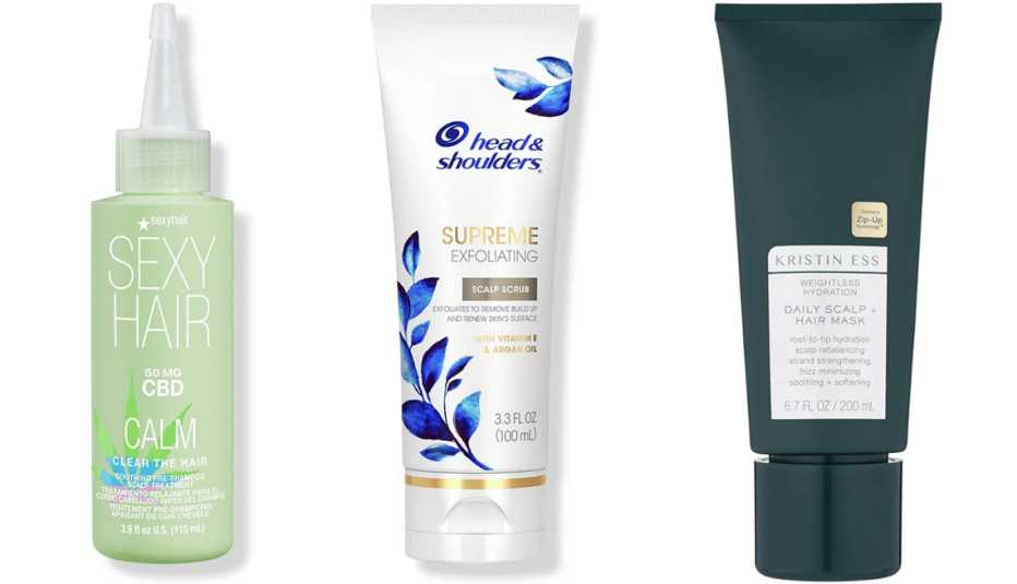 (De izquierda a derecha) Calm Clear the Hair Soothing Scalp Treatment de SexyHair; Supreme Exfoliating Scalp Scrub de Head & Shoulders; Weightless Hydration Daily Scalp + Hair Mask de Kirsten Ess.