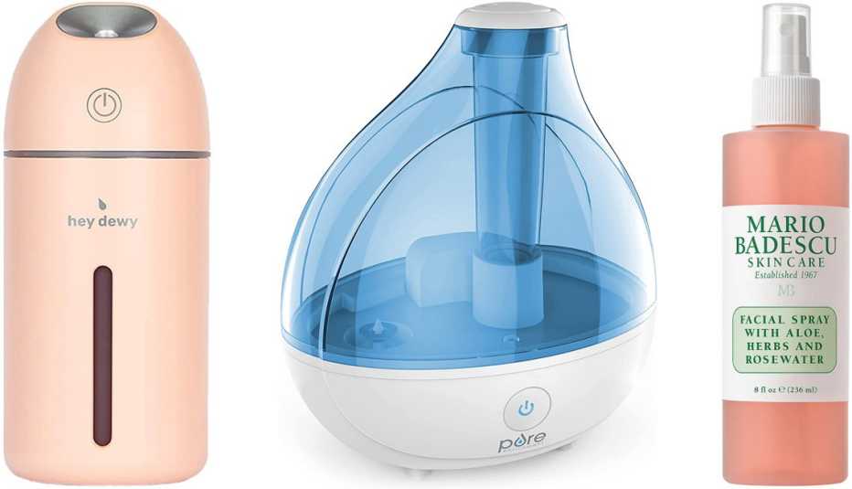 (De izquierda a derecha) Wireless Facial Humidifier de Hey Dewy; MistAire Ultrasonic Cool Mist Humidifier de Pure Enrichment; Facial Spray With Aloe, Herbs and Rosewater de Mario Badescu.