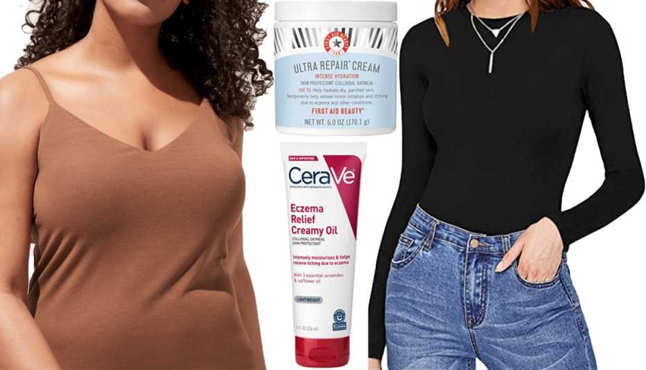 True Hues V-Neck Camisole de Banana Republic (izquierda); Ultra Repair Cream de First Aid Beauty (arriba, en el centro); Eczema Relief Creamy Oil de CeraVe (abajo, en el centro); Women’s Crew Neck Bodysuit en B Long Sleeve Black de Mangopop (derecha).
