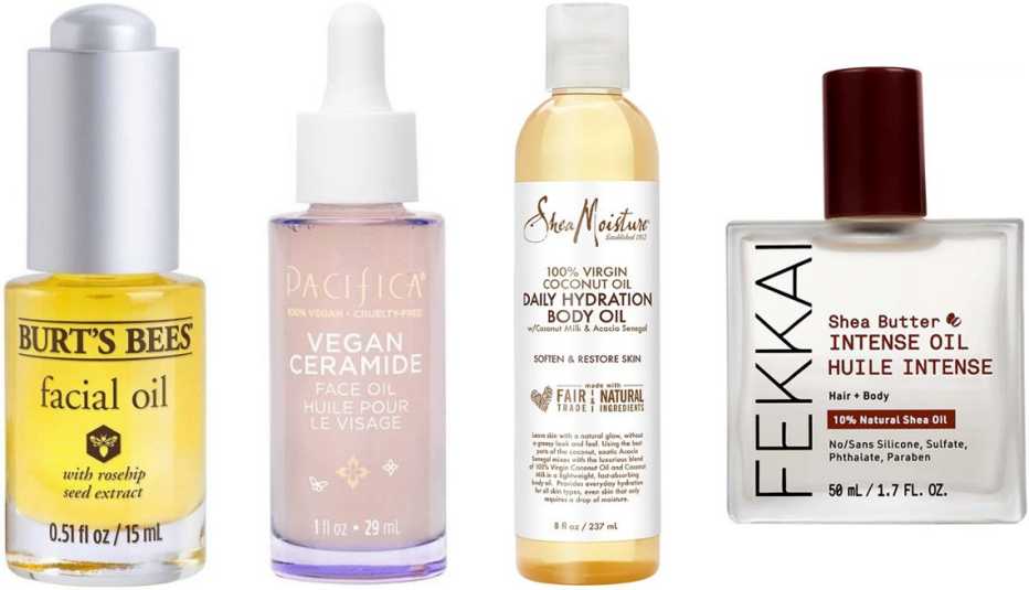  (De izquierda a derecha) Complete Nourishment Facial Oil de Burt's Bees; Vegan Ceramide Facial Oil de Pacifica; 100% Virgin Coconut Oil Daily Hydration Body Oil de Sheamoisture; Shea Butter Intense Oil Face + Body de Fekkai