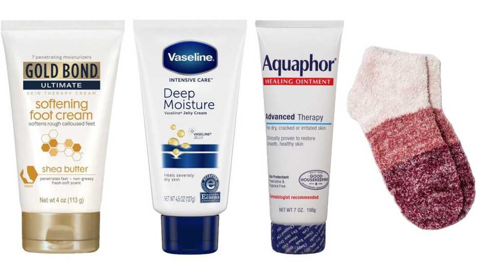  (De izquierda a derecha) Ultimate Softening Foot Cream de Gold Bond; Deep Moisture Vitamin E Petroleum Jelly Cream de Vaseline; Healing Ointment de Aquaphor; Women’s Ombre Cozy Low Cut Socks de A New Day, en rosa/bermellón ($3, target.com).