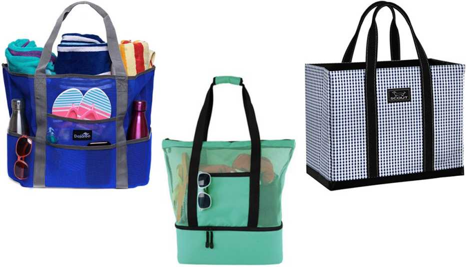 (De izquierda a derecha) Bolsa de malla para la playa Dejaroo Mesh Beach Bag en color azul con asas grises; bolsa de malla para la playa Sunisery Women’s Mesh Beach Bag con bolsa térmica desmontable en color verde; bolsa Scout Original Deano extragrande en estampado Brooklyn Checkham. (De izquierda a derecha) Bolsa de malla para la playa Dejaroo Mesh Beach Bag en color azul con asas grises; bolsa de malla para la playa Sunisery Women’s Mesh Beach Bag con bolsa térmica desmontable en color verde; bolsa Scout Original Deano extragrande en estampado Brooklyn Checkham.