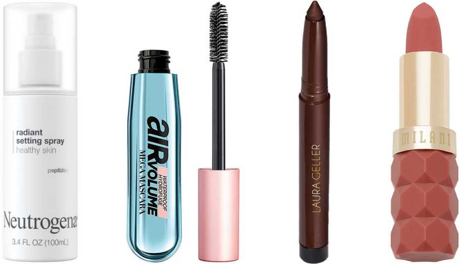 (De izquierda a derecha) Aerosol fijador Neutrogena Healthy Skin Radiant Makeup Setting Spray con péptidos; rímel resistente al agua L'Oréal Paris Air Volume Mega Mascara in Waterproof en color negro; lápiz de ojos Laura Geller Kajal Longwear Eyeliner en color marrón oscuro kohl; lápiz labial Milani Color Fetish Matte - The Nudes Collection en color Secret.