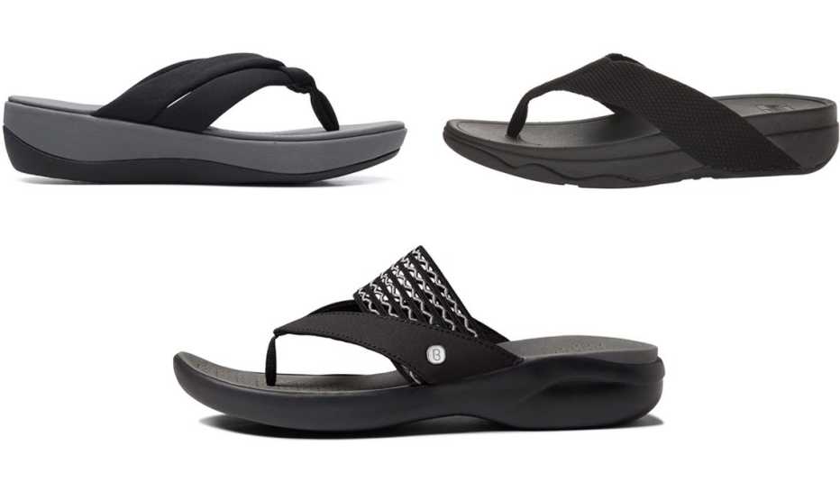 (En el sentido de las agujas del reloj, desde la parte superior izquierda) Sandalias Clarks Women’s Cloudsteppers Arla Kaylie Sandals en tejido negro brillante; sandalias FitFlop Surfa en color negro; sandalias Bzees Cabana en tejido elástico negro.