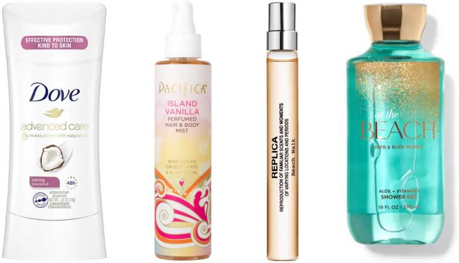 (De izquierda a derecha) Desodorante antitranspirante Dove Advanced Care Antiperspirant Deodorant en Caring Coconut; aerosol para el cabello y el cuerpo Pacifica Island Vanilla Hair & Body Mist; aerosol Maison Margiela Replica Beach Walk Travel Spray; gel de ducha Bath & Body Works At the Beach Shower Gel.