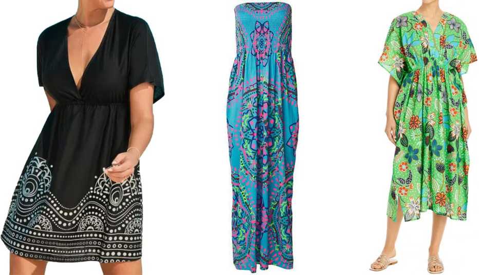 (De izquierda a derecha) Vestido playero Swimsuits for All Plus-Size Kate V-Neck Cover-Up Dress en negro; vestido Venus Plus-Size Maxi Dress en color Aqua Reef Multi; camisola Echo Garden Party Midi Dress Swim Coverup en color Spearmint.
