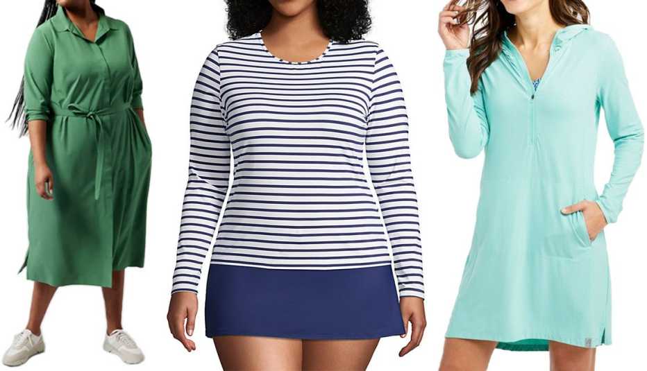 (De izquierda a derecha) Vestido Urbanite de Athleta en verde Vineyard Green; Camiseta de manga larga con cuello redondo FPU 50 de Lands' End Women&rsquo;s Plus Size con estampado de rayas White/Deep Sea Stripe; Túnica con capucha Sand Beach de L.L.Bean Women&rsquo;s en color turquesa Beach Glass.