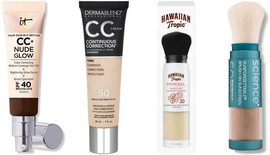 (De izquierda a derecha) Maquillaje con protección solar IT Cosmetics CC+ Nude Glow Lightweight Foundation + Glow Serum SPF 40; Dermablend Continuous Correction CC Cream SPF 50+; Hawaiian Tropic Mineral Skin Nourishing Sunscreen Powder Brush SPF 30; Colorescience Sunforgettable Total Protection Brush-On Shield SPF 50.