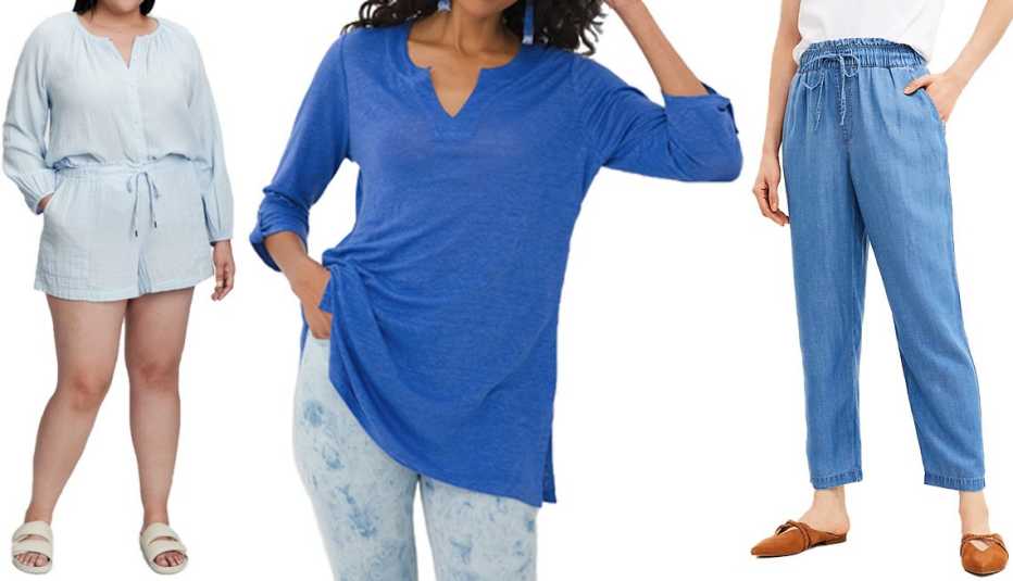  (De izquierda a derecha) Gap Crinkle Gauze Boatneck Button-Front Top en azul claro Poolside Blue; Chico’s Notch Neck Linen Tunic en azul Amparo Blue; Loft Emory Taper Pants en azul Chambray.