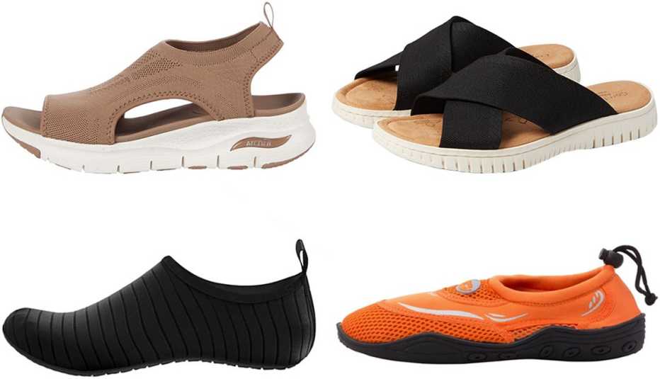 (Desde arriba a la izquierda, en el sentido de las agujas del reloj) zapatos Skechers Arch Fit – City Catch en café Mocha; Comfortiva Chelsea Sandals en negro; Easy USA Women’s Mesh Top Water Shoes en naranja Neon Orange; Vifuur Water Sports Shoes en negro.
