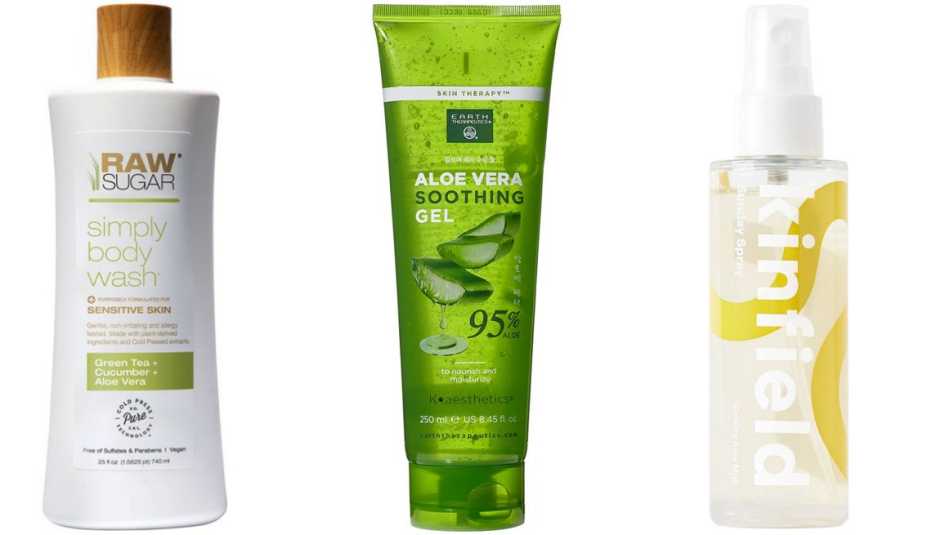  (De izquierda a derecha) jabón líquido Raw Sugar Green Tea + Cucumber + Aloe Vera Sensitive Skin Simply Body Wash; gel Earth Therapeutics 95% Aloe Vera Soothing Gel; aerosol refrescante Kinfield Cooling Aloe Mist Sunday Spray.