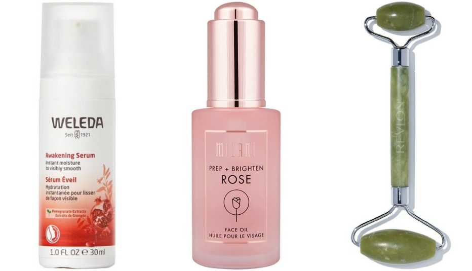 (De izquierda a derecha) Sérum facial Weleda Awakening Facial Serum; aceite facial Milani Prep & Brighten Face Oil Rose; rodillo facial Revlon Cool & Depuff Jade Stone Facial Roller.
