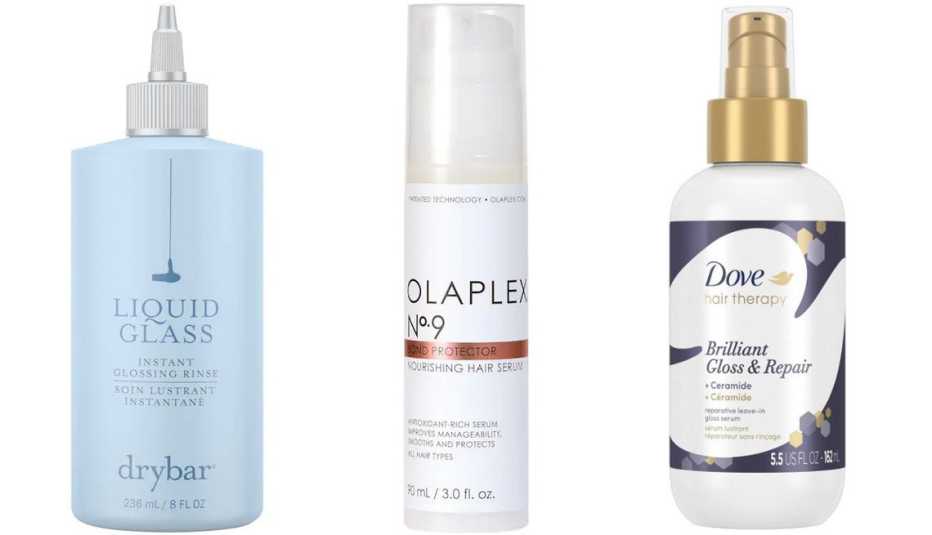  (De izquierda a derecha) Enjuague para dar brillo Drybar Liquid Glass Glossing Rinse; sérum protector Olaplex No.9 Bond Protector Nourishing Hair Serum; sérum reparador Dove Hair Therapy Ceramide Brilliant Gloss & Repair.