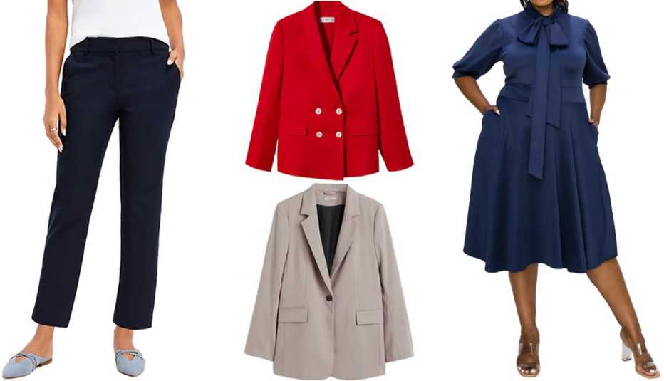  (En el sentido de las agujas del reloj, desde la izquierda) Pantalones Loft Curvy Riviera Slim Pants en color Forever Navy; traje de chaqueta de lino Mango Linen Blazer Suit en color rojo; vestido Livid Casey Scuba Flare Dress en color azul marino; chaqueta de mujer H&M Single-Breasted Women’s Jacket en color Taupe.