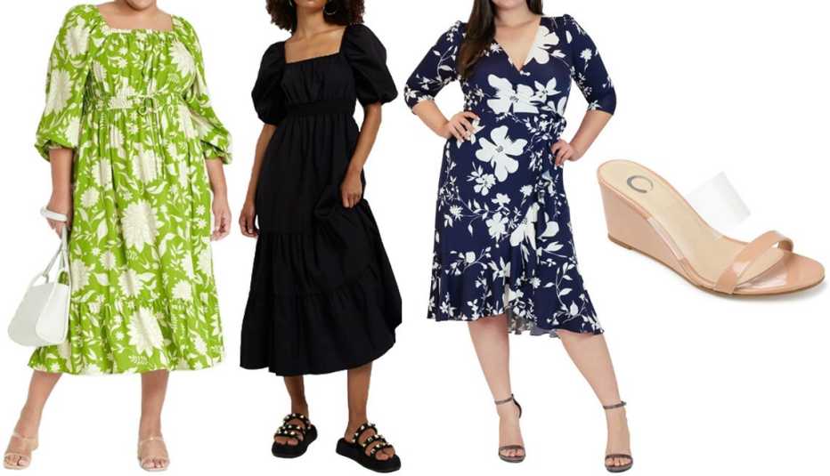  (De izquierda a derecha) Vestido Ava & Viv Women’s Plus Size Balloon Lon Sleeve Dress en color verde; vestido a media pierna negro River Island Black Shirred Smock Midi Dress; vestido cruzado Kiyonna Plus Flirty Flounce Wrap Dress con estampado Navy Floral; sandalia de cuña Journee Collection Angelina Wedge Sandal en color Nude.