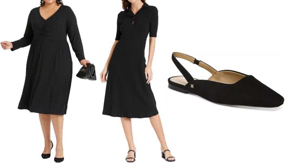  (De izquierda a derecha) Vestido de manga larga con corpiño acanalado para mujer Ava & Viv Women’s Plus Size Long Sleeve Ruched Bodice Dress en color negro; vestido de manga al codo Who What Wear Women’s Plus Elbow-Sleeve Polo Rib Dress en color negro; zapato plano destalonado Edelman Women’s Connell Slingback Flats en color negro.