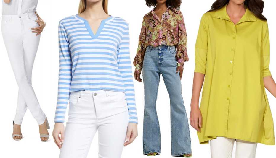 (De izquierda a derecha) NYDJ Jeans de pierna recta Marilyn Straight-Leg Jeans en color blanco Optic White; camiseta de manga larga Caslon Stripe Split-Neck Long-Sleeve T-Shirt en color Blue-White Charm Stripe; camisa estampada River Island Orange Print Shirt; túnica Stella Carakasi Tiburon Tunic Icon en color Kiwi.