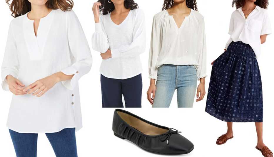 (En el sentido de las agujas del reloj) Túnica de algodón Foxcroft Vena Cotton Gauze Tunic en color blanco; camisa Chico’s Cotton-Blend Slub Drama-Sleeve Top in color alabastro; camisa Wit & Wisdom Eyelet Popover Top en color Optic White; falda a media pierna Madewell Pull-On Midi Skirt en color Shibori Indigo, a cuadros; bailarinas Esprit Women’s Narissa Ballet Flats en color negro.