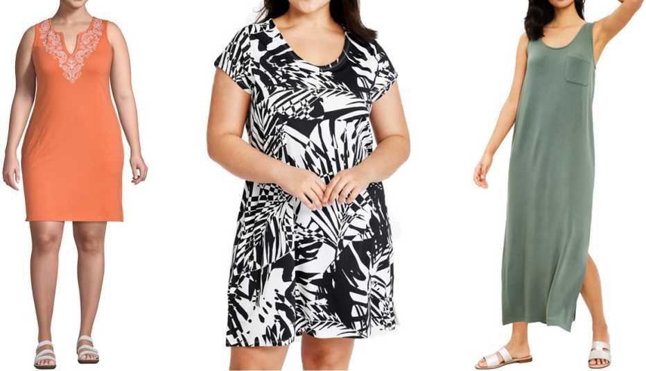(De izquierda a derecha) Vestido Lands’ End Women’s Plus-Size Cotton Jersey Embroidered Sleeveless Swim Cover-Up Dress en color naranja papaya/blanco; vestido con protección solar L.L. Bean Women’s SunSmart UPF50+ Cover-Up Dress en Black and White Palms; vestido a media pierna Lou & Grey Signaturesoft Tank Midi Pocket Dress en color Balsam Green.