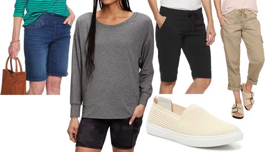 (En el sentido de las agujas del reloj, desde la izquierda en la parte superior) Jeans cortos Croft & Barrow Women’s Comfortable Pull-On Jean Shorts en Dark Wash; Sudadera GapFit Breathe Sweatshir en color Heather Grey; Bermudas Columbia Women’s Anytime Outdoor Bermuda Shorts en color negro; Pantalones Capri Sonoma Goods for Life Women’s Comfort Waist Utility Capri Pants en color caqui; Zapatillas Kelly & Katie Ellina Mesh Slip-On Sneaker en color Off-White.