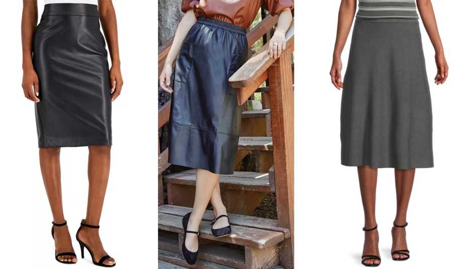 (Izquierda a derecha) Falda de piel sintética Anne Klein Women’s Pull-On Faux Leather Skimmer Skirt en color negro; falda a media pierna de piel sintética The Get Women’s Faux Leather Midi Skirt en color Anthracite; falda a media pierna de línea A Liz Claiborne Women’s Midi A-line Skirt en color gris Charcoal.