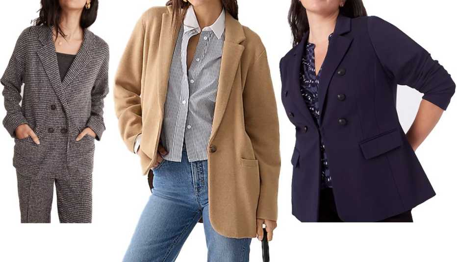 (Izquierda a derecha) chaqueta Madewell Brushed Knit Redford Blazer en color True Black; suéter estilo chaqueta J.Crew Cecile Relaxed Sweater-Blazer en color Heather Khaki; chaqueta Bryant Ponte Double Breasted Blazer en color azul marino.