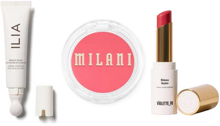 lia Bright Start Retinol Alternative Eye Cream; Milani Cheek Kiss Cream Blush in Coral Crush; Violette_Fr  Bisou Balm Sheer Matte Lipstick in Amour Fou