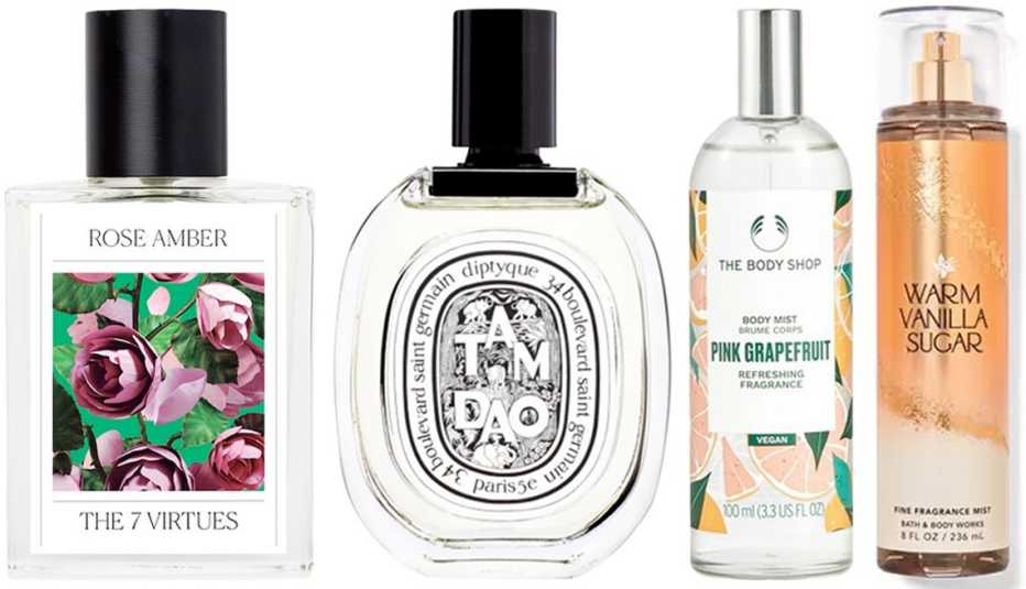  Perfume The 7 Virtues Rose Amber Eau de Parfum; rociador corporal Diptyque Tam Dao Eau de Toilette; rociador corporal The Body Shop Pink Grapefruit Body Mist; fragancia Bath & Body Works Warm Vanilla Sugar Fine Fragrance Mist.