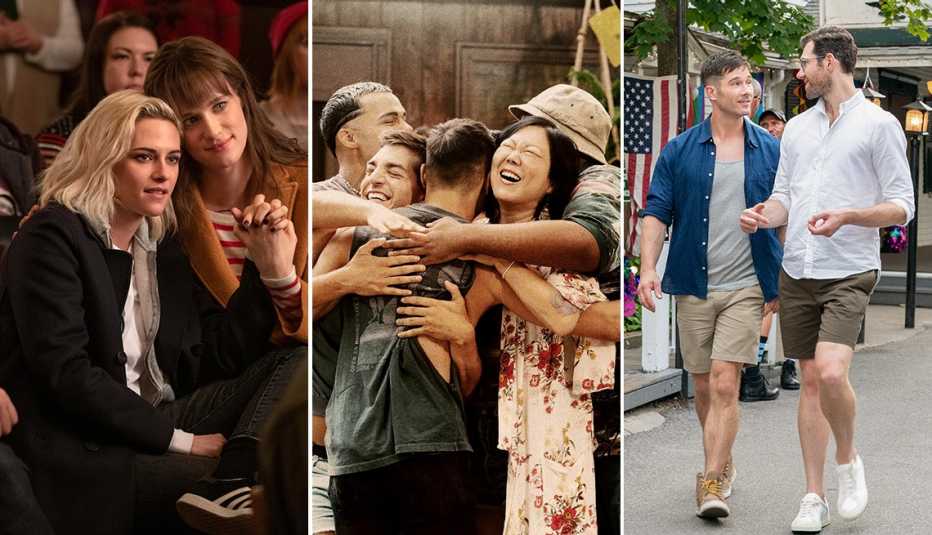 Kristen Stewart y Mackenzie Davis en "Happiest Season"; Tomás Matos, Matt Rogers, Joel Kim Booster, Margaret Cho y Torian Miller en "Fire Island"; Billy Eichner y Luke Macfarlane en "Bros".