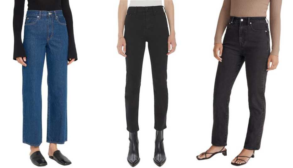 Dos pantalones de mezclilla de pierna ancha, y uno de pierna estrella y cintura alta. Dos pantalones de mezclilla de pierna ancha, y uno de pierna estrella y cintura alta.
