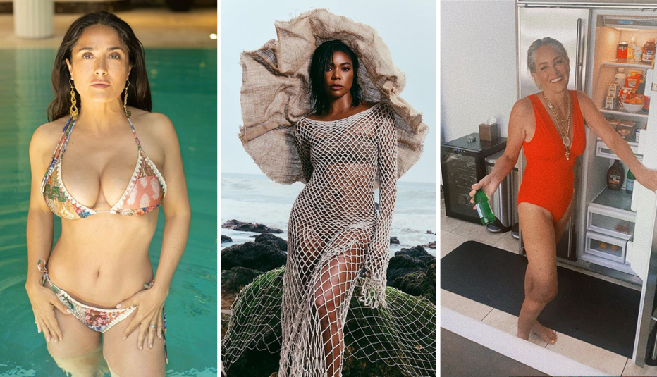 Salma Hayek, Gabrielle Union y Sharon Stone en traje de bano posando para sus redes sociales.