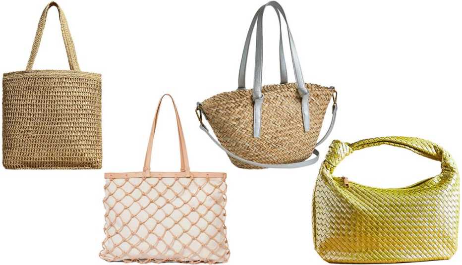 Opciones de bolsos de paja y red anudada para mujeres.