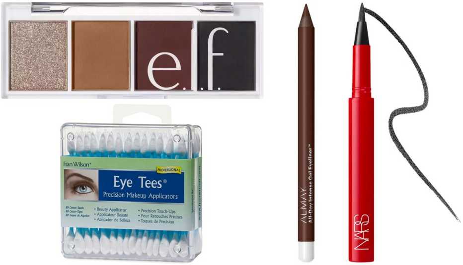 Aplicador de maquillaje, paleta de sombras de ojos y delineadores.