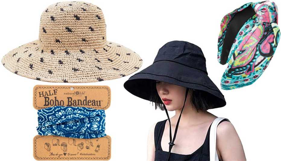 & Other Stories Woven Straw Hat in Straw; Half Boho Bandeau in Navy Cream Mandala; Driono Women’s Wide Brim Bucket Hat UPF 50 in Black; Tasha Paisley Knot Hairband in Pink Multi