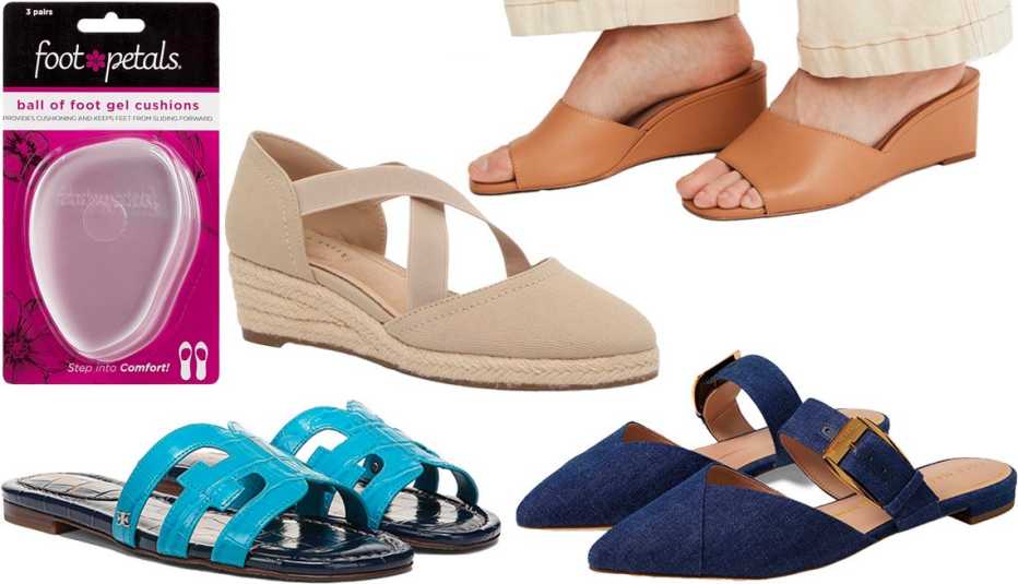 Foot Petals Women’s Rounded Ball of Foot Gel Cushions; Kelly & Katie Darmouth Espadrille Wedge Sandal in Taupe; Madewell The Pearl Wedge Mule in Amber Brown; Cole Haan Vandam Buckle Mule in Denim; Sam Edelman Bay Slide Sandals in Milos Blue