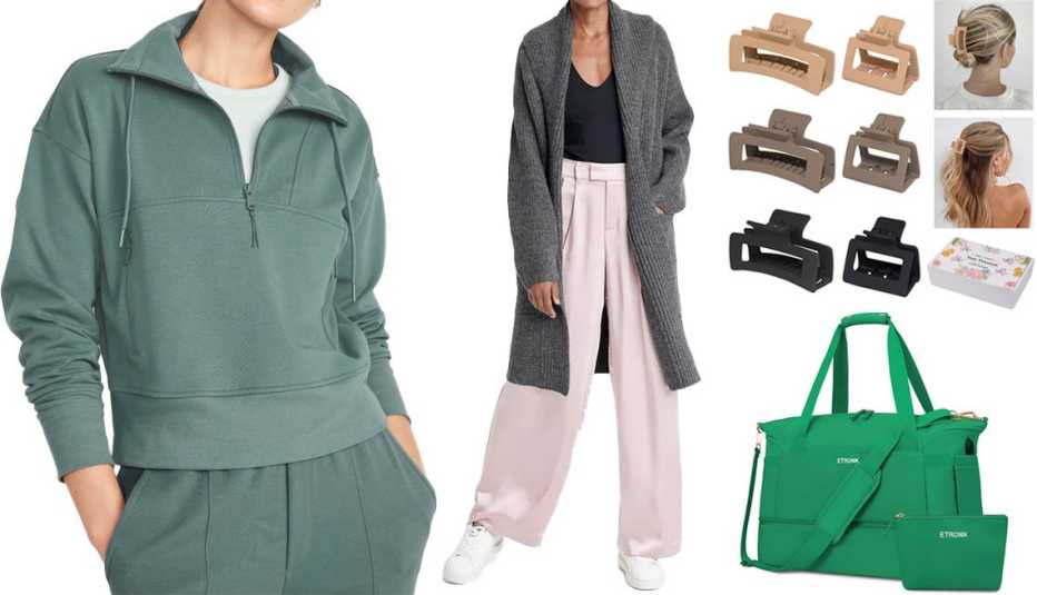 (En el sentido de las agujas del reloj desde la izquierda) Sudadera Old Navy Dynamic Fleece ½- Zip Sweatshirt for Women en color Jade Shadow; cárdigan A New Day Women’s Layering Cardigan en color gris; pinzas para el cabello Cobinaan Claw Hair Clips for Women en surtido de 6 pinzas; bolsa de deporte Etronik Gym Bag for Women Medium en color N-Pure Green