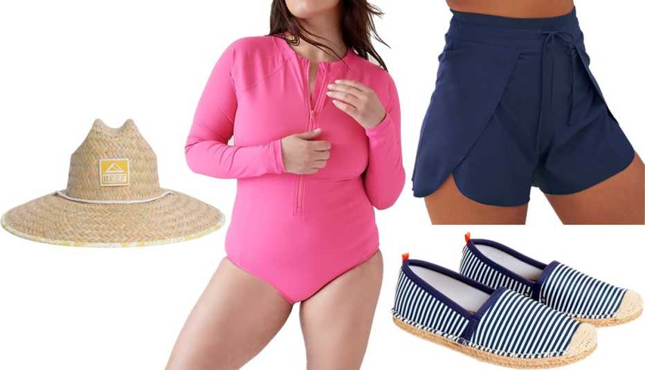 Sombrero para el sol, traje de baño de una pieza, pantalón corto y alpargata. Sombrero para el sol, traje de baño de una pieza, pantalón corto y alpargata.
