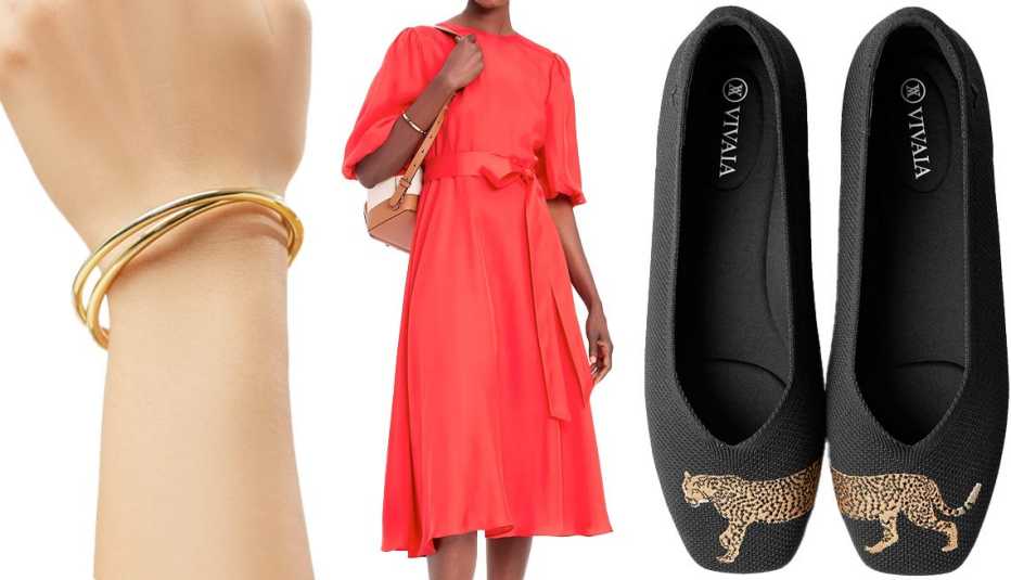 Brazalete, vestido coor rojo, y zapatos bailarinas. Brazalete, vestido coor rojo, y zapatos bailarinas.