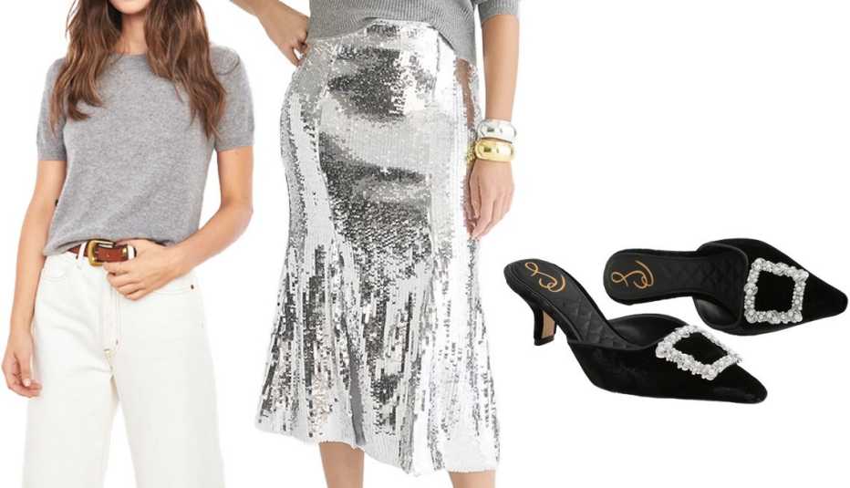 Blusa de cachemira, falda con brillantes y zapato de tacón bajo. Blusa de cachemira, falda con brillantes y zapato de tacón bajo.