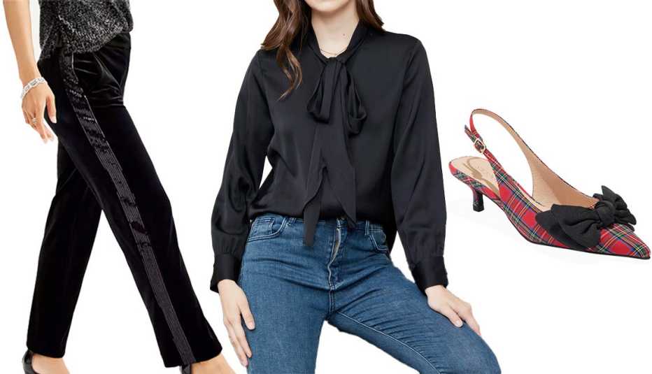 Pantalones de terciopelo, blusa y zapato de tacón bajo. Pantalones de terciopelo, blusa y zapato de tacón bajo.