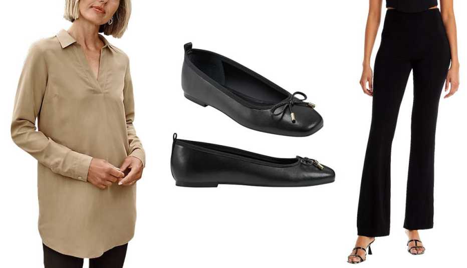 Túnica, zapatos planos de punta cuadrada y pantalones de punto.