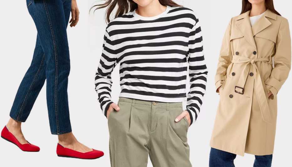 Zapatillas rojas, camisa a rayas y gabardina.