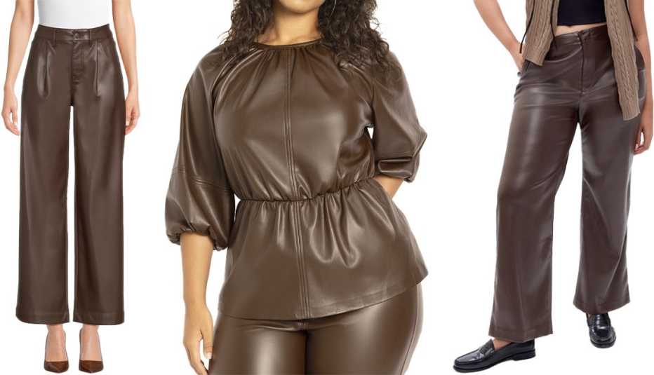 Time and Tru Women’s Mid-Rise Wide Leg Trouser Jeans in Chocolate Fudge Faux Leather; Eloquii Faux Leather Peplum Puff Sleeve Top in Hot Fudge; Gap Mid-Rise Faux Leather Loose Pants in Brown Noir
