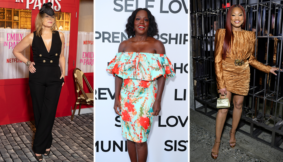 (De izquierda a derecha) Kim Cattrall con un enterizo sin mangas y escote en V profundo; Viola Davis con un vestido floral hasta la rodilla con los hombros descubiertos; Garcelle Beauvais con un vestido corto de manga larga y cuello alto. (De izquierda a derecha) Kim Cattrall con un enterizo sin mangas y escote en V profundo; Viola Davis con un vestido floral hasta la rodilla con los hombros descubiertos; Garcelle Beauvais con un vestido corto de manga larga y cuello alto.