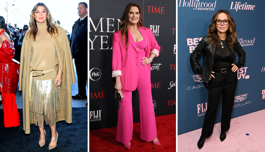 (De izquierda a derecha) Ellen Pompeo con un suéter de cuello alto, una falda y un abrigo beige monocromáticos; Brooke Shields con un enterizo y una chaqueta rosa brillante; Jennifer Grey completamente de negro: chaqueta, camisa, pantalones, botas y gafas. (De izquierda a derecha) Ellen Pompeo con un suéter de cuello alto, una falda y un abrigo beige monocromáticos; Brooke Shields con un enterizo y una chaqueta rosa brillante; Jennifer Grey completamente de negro: chaqueta, camisa, pantalones, botas y gafas.