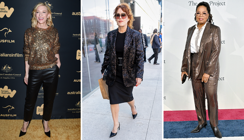 (De izquierda a derecha) Cate Blanchett con un suéter de lentejuelas doradas y pantalones tobilleros de cuero; Molly Ringwald con una chaqueta negra de lentejuelas y un vestido negro; Oprah Winfrey con un traje de pantalón entallado de color topo brillante.