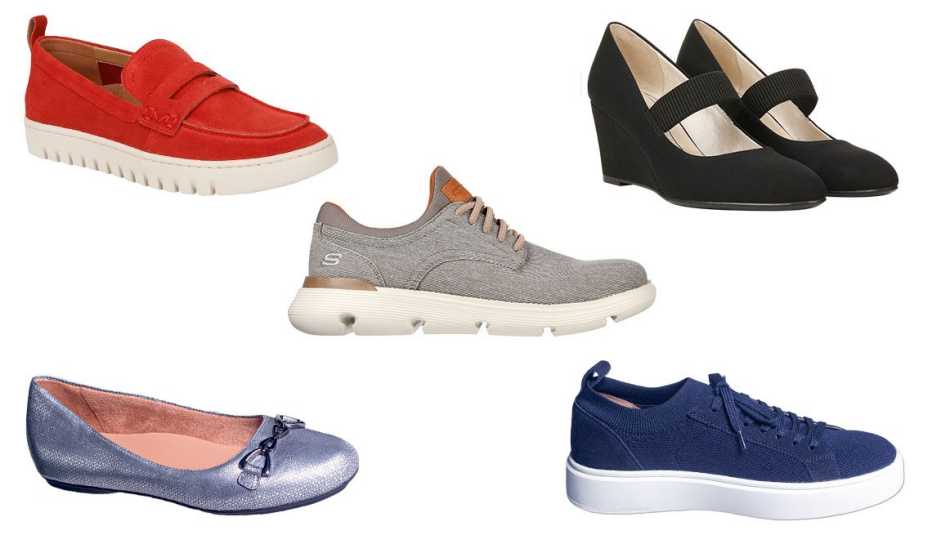 Vionic Uptown Loafer; Lifestride’s Gio Mary Jane Wedge; Skechers Garza Romanos; Naturalizer Maxwell Ballet Flat; Allen Edmonds Oliver Knit Slip-on Sneaker 