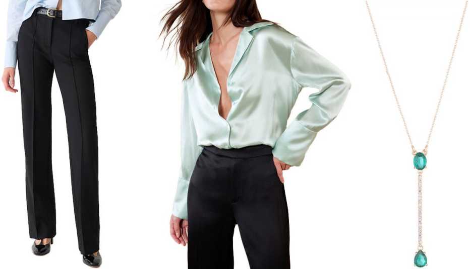 Pantalones negros, blusa de seda  y collar en pavé dorado y piedra color verde 
